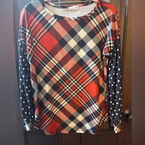 Nuggles Plaid and Polka Dot Long Sleeve Top